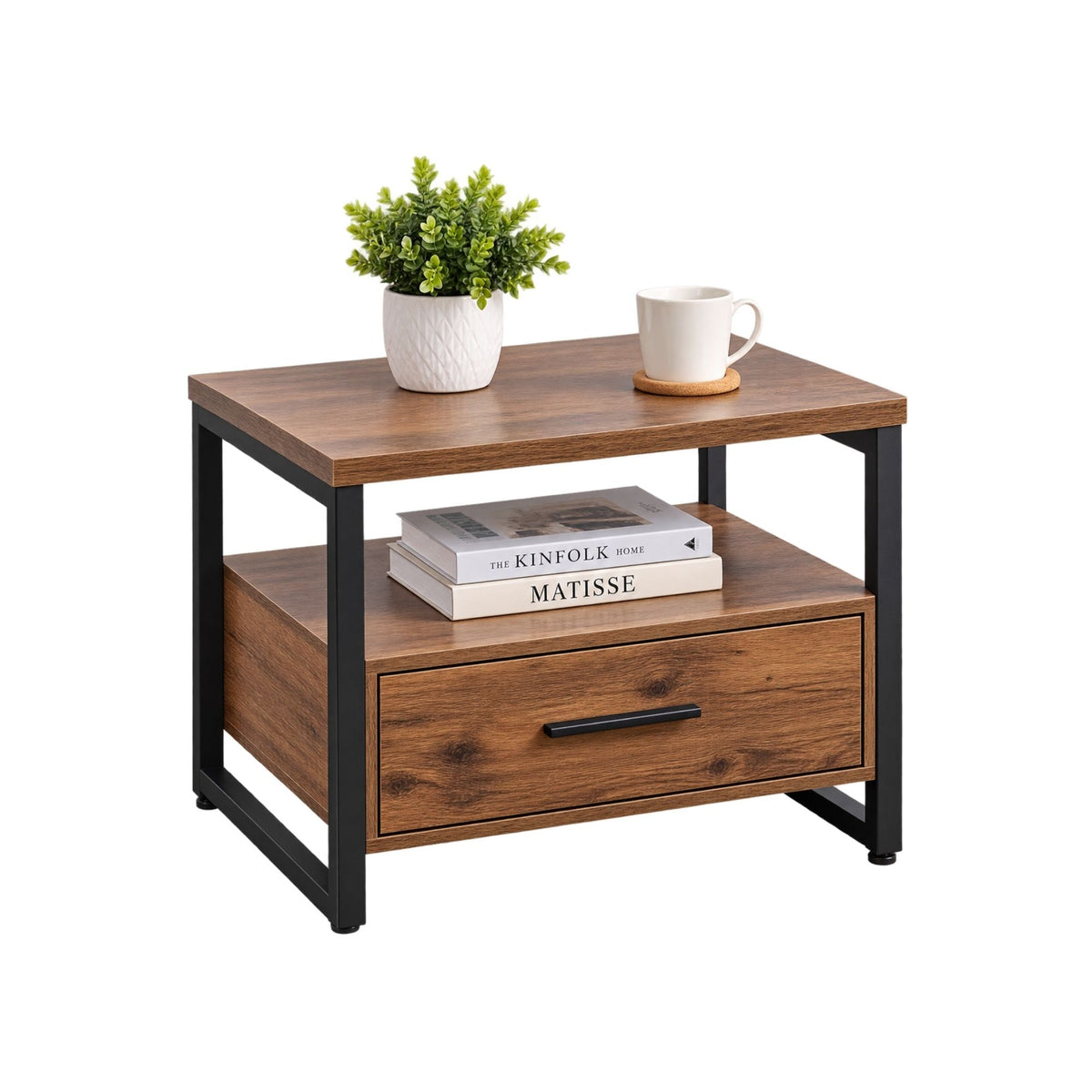 Industrial Style Wooden End Table with Drawer and Open Shelf Storage