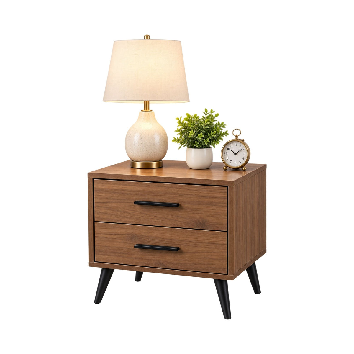Mid Century Style Nightstand with Two Drawers and Tapered Legs