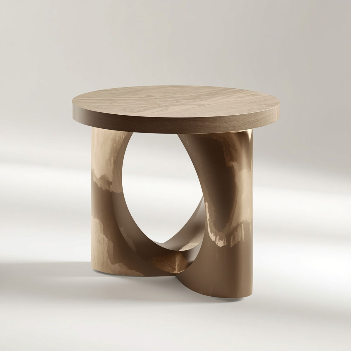Round Natural Wood Side Table with Sculptural Base Detail